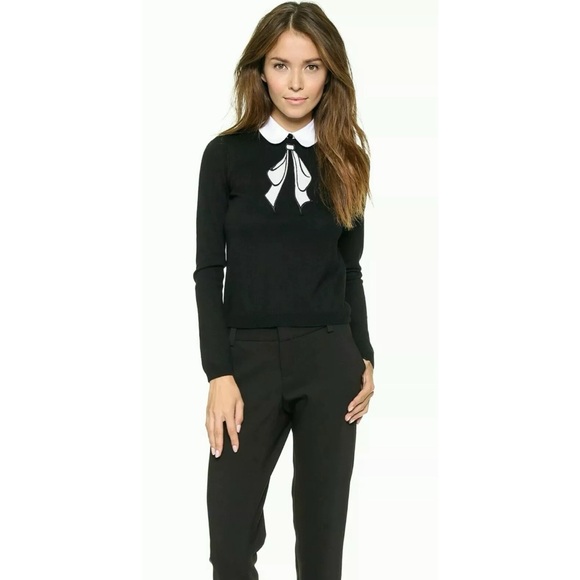 Alice + Olivia Black Embroidered Ribbon Bow Collared Sweater - Picture 2 of 9